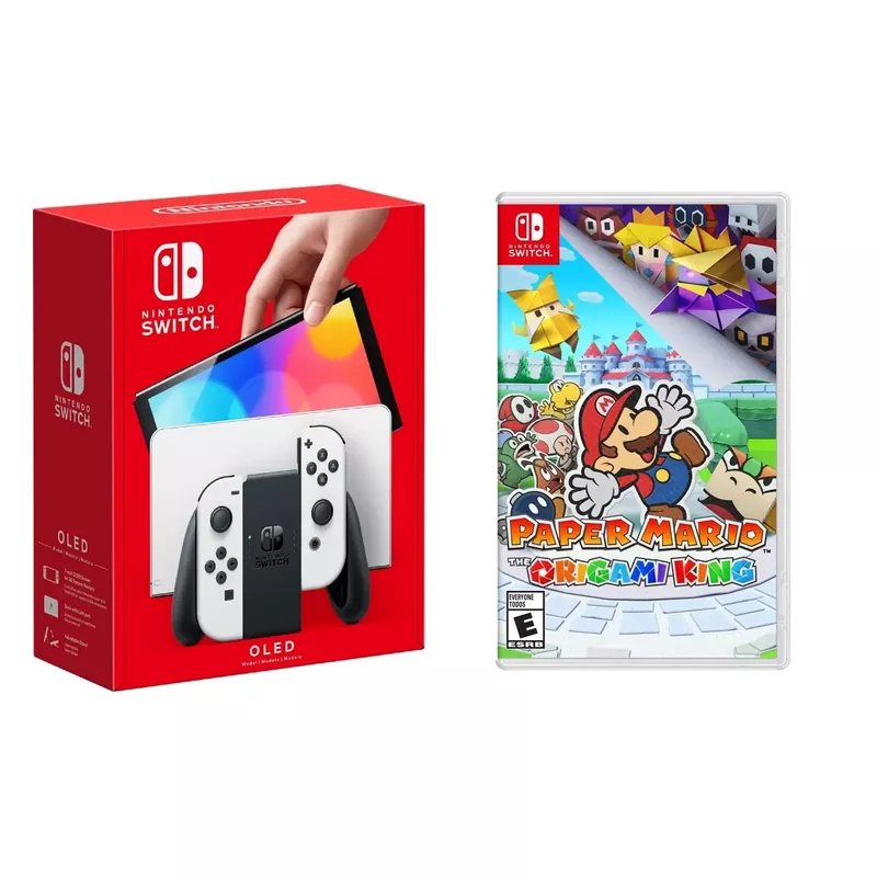 Nintendo - Switch OLED White + Paper Mario Origami BUNDLE