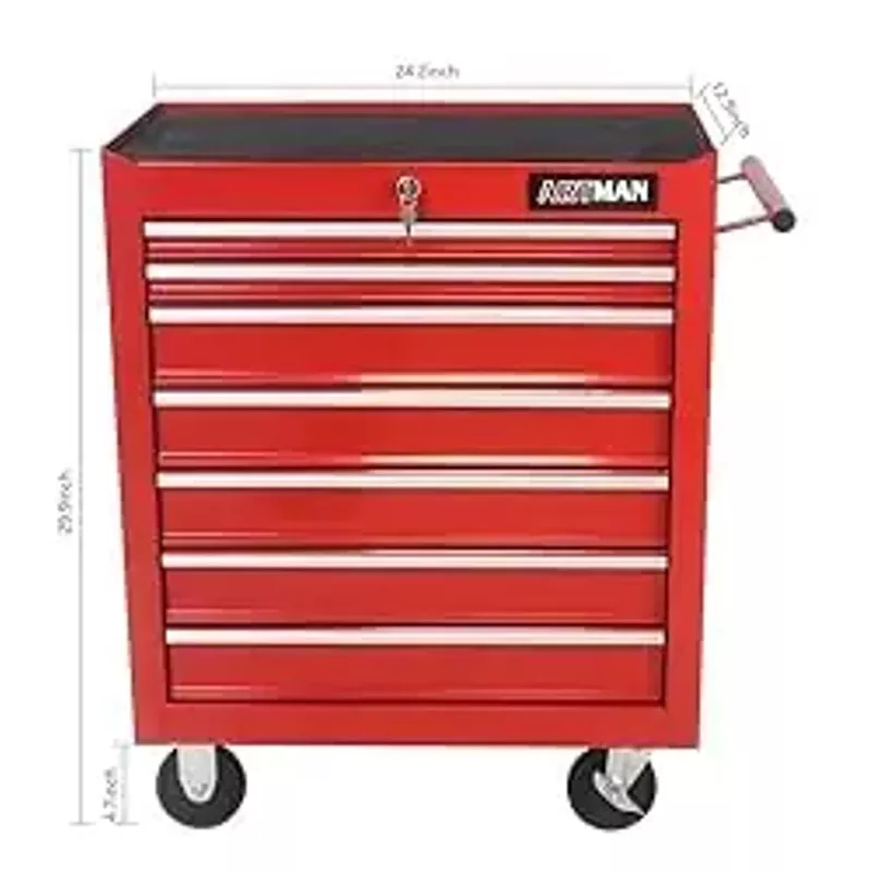 Rolling Tool Chest with 7-Drawer Tool Box,Multifunctional Tool Cart on Wheels,Tool Storage Organizer Cabinets with Key Locking for Garage, Warehouse, Repair Shop,24.20"D x 12.90"W x 29.90"H (red)