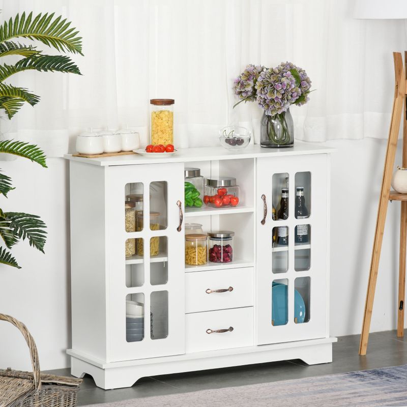 HOMCOM Modern Sideboard Storage Console Cabinet with Glass Door and Drawer for Kitchen, Living & Dining Room - White