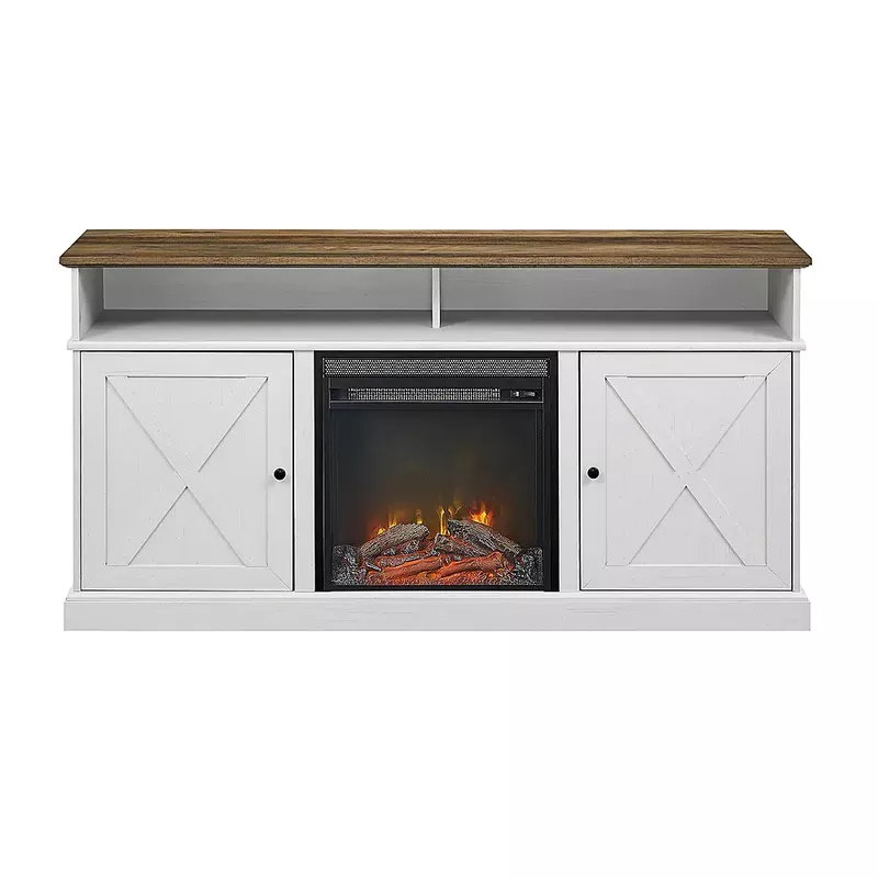 Walker Edison - Farmhouse Tall Barndoor Soundbar Storage Fireplace TV Stand for Most TVs up to 65" - Brown White