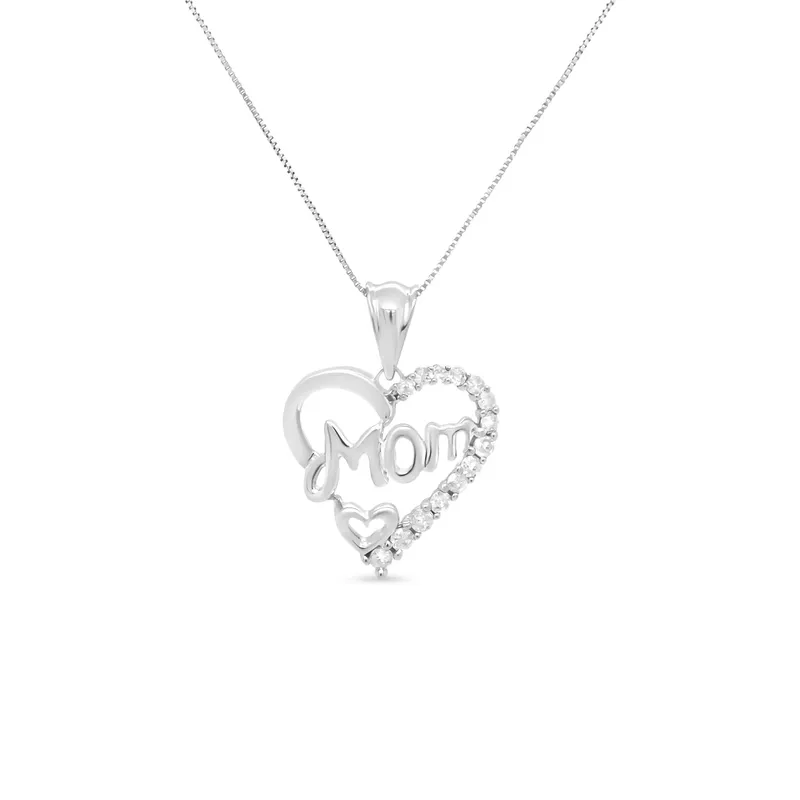 .925 Sterling Silver 1/4 Cttw Round Diamond "Mom" Openwork Heart Pendant 18" Necklace (I-J Color, I2-I3 Clarity)