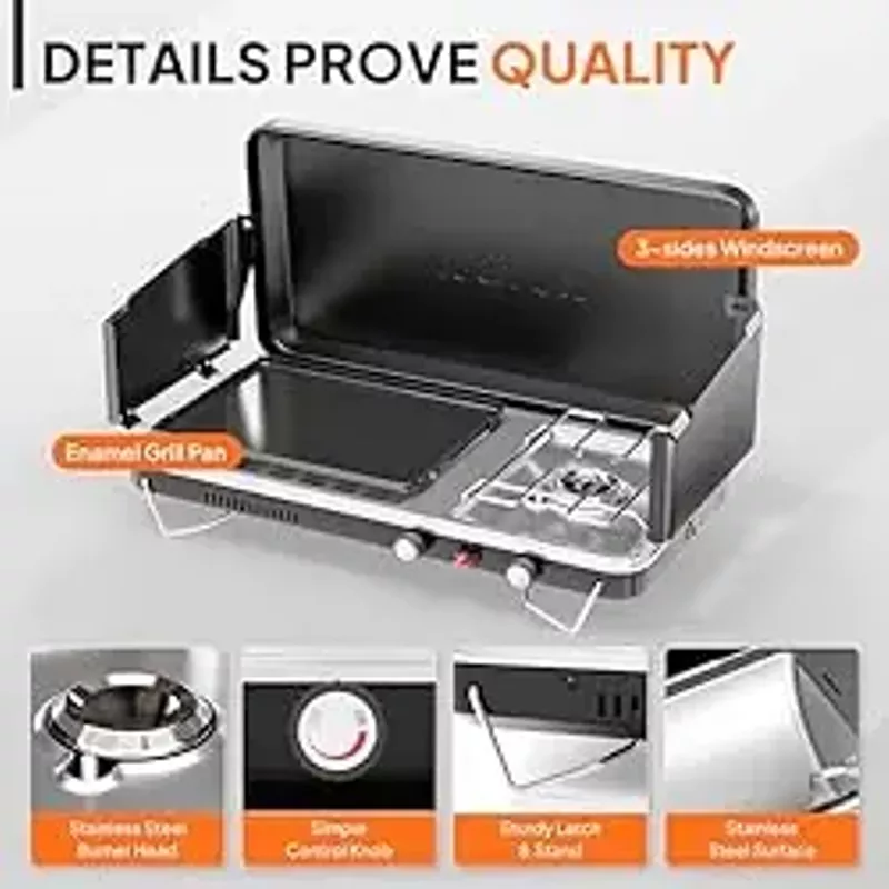 ROVSUN 2-in-1 Portable Camping Stove & Propane Grill with Enamel Griddle & Piezo Igniter, Tabletop Camp Stove with Built-in Handle, Wind Panel & Regulator for Camping, Tailgating, Grilling (Black)