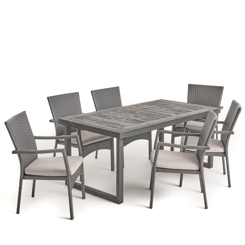 Garner Outdoor 6-Seater Acacia Wood Dining Set with Wicker Chairs by Christopher Knight Home - sandblast dark grey + gray cushion