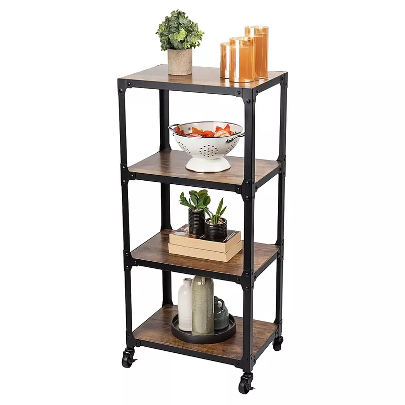 Mind Reader - Woodland Collection, Rolling 4-Tier Cart, Utility Cart, Bar Cart, Wood and Metal, 17.85"L x 12"W x 39"H, Brown - Black