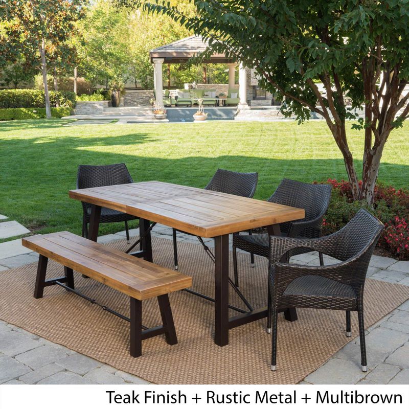 Montgomery Outdoor 6-Piece Rectangle Wicker Wood Dining Set by Christopher Knight Home - Teak Finish + Rustic Metal + Multibrown