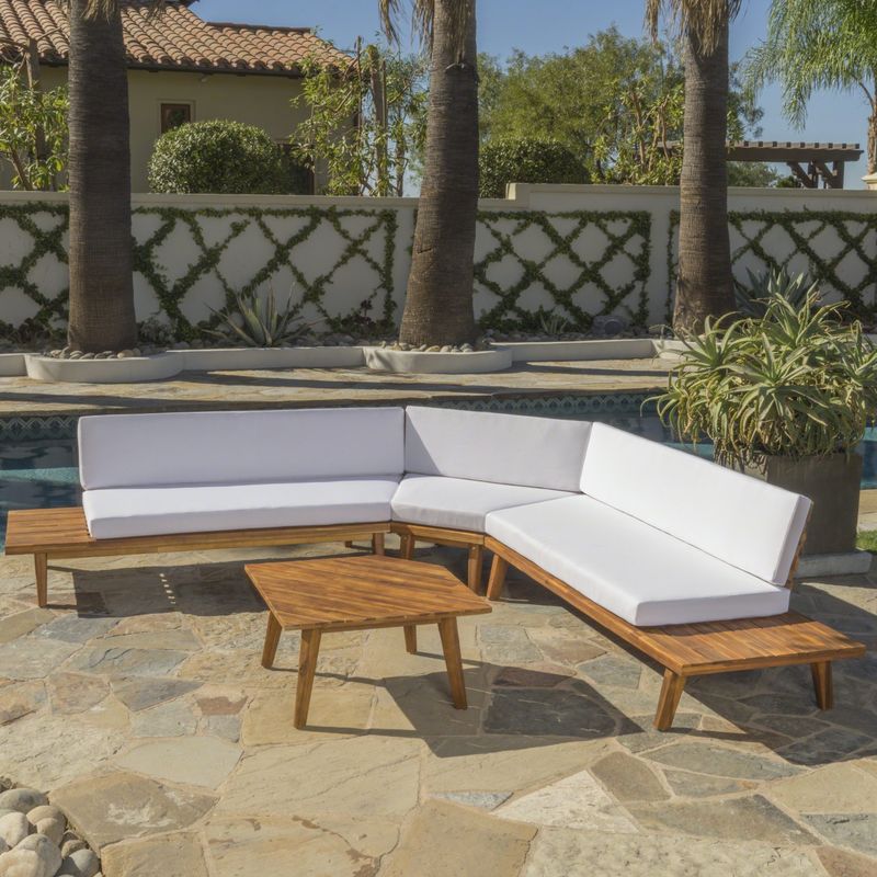Hillcrest Outdoor 4-piece V-Shaped Wood Sectional Sofa Set with Cushion by Christopher Knight Home - Sandblast Finish + White