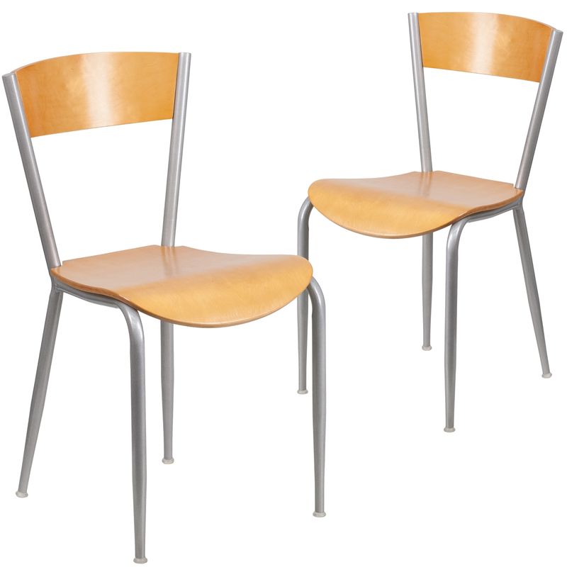 Metal Restaurant Chair - 16.75"W x 20"D x 32.25"H - natural wood seat/silver frame