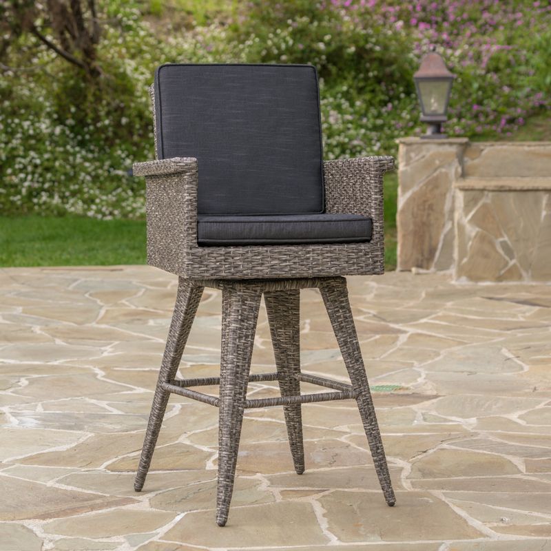 Puerta Outdoor Wicker Barstool with Cushions by Christopher Knight Home - Dark Grey Wicker with Mixed Black Cushions