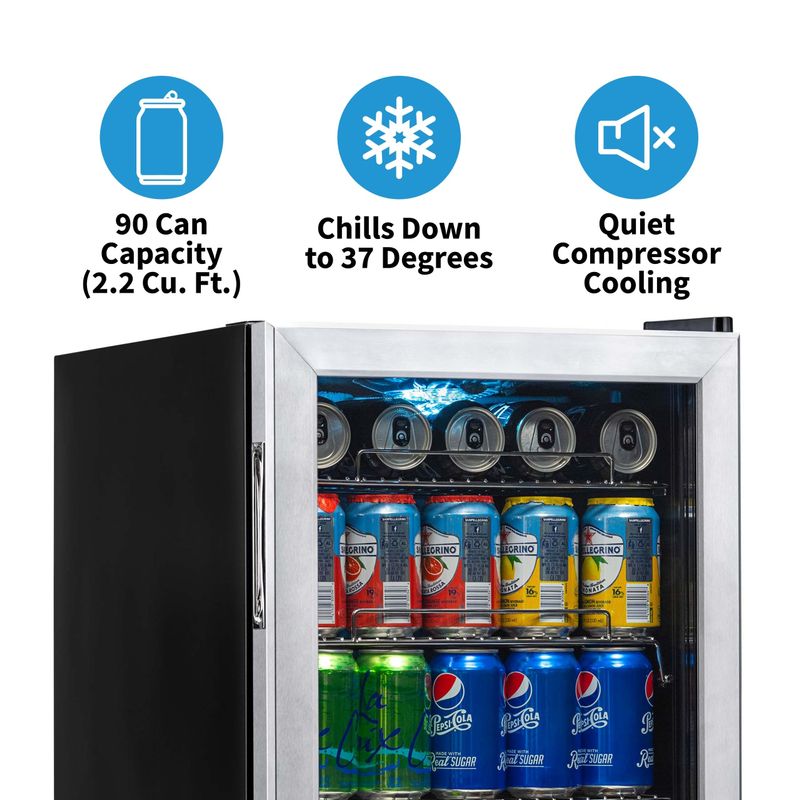 NewAir 90 Can Freestanding Beverage Refrigerator, Stainless Steel Mini Fridge with a Glass Door and Adjustable Shelves, AB-850 - Silver