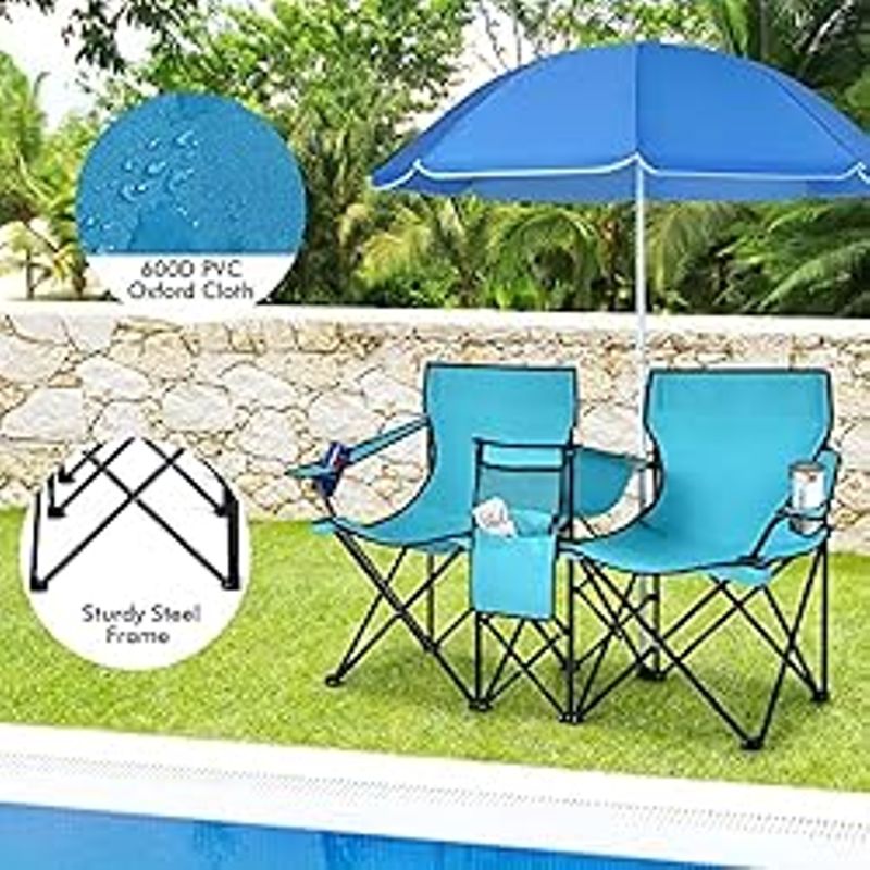 COSTWAY Double Portable Picnic, Folding w/Detachable Umbrella, Cooler Bag, Cup Holders, Patio Beach Chairs for Outdoors Camping...