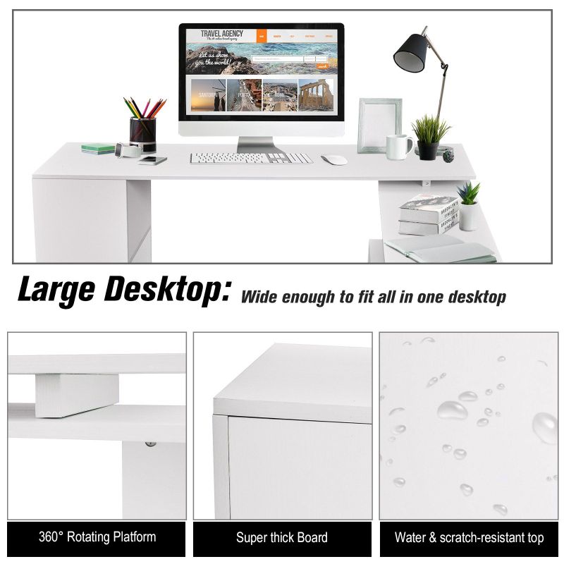 HOMCOM 55" 360   Rotating Corner Computer Desk Modern L-Shaped Home Office Workstation with 3-Tier Storage Shelves, Bookshelf - White -...