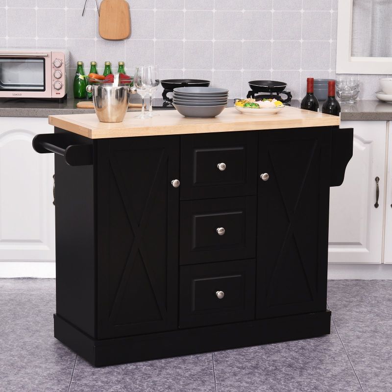 HOMCOM Wooden Mobile Kitchen Island Cart with Drawers and Wheel- Black - 49.5*18*36 - Black - Wood - Portable