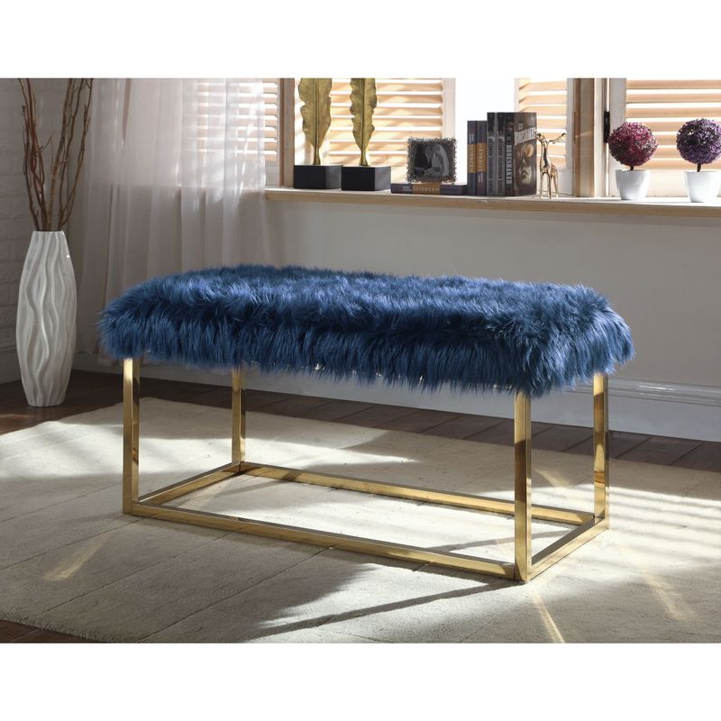 Chic Home Carolyn Fur Chrome Metal Frame Modern Luxe Ottoman Bench - Dark Blue