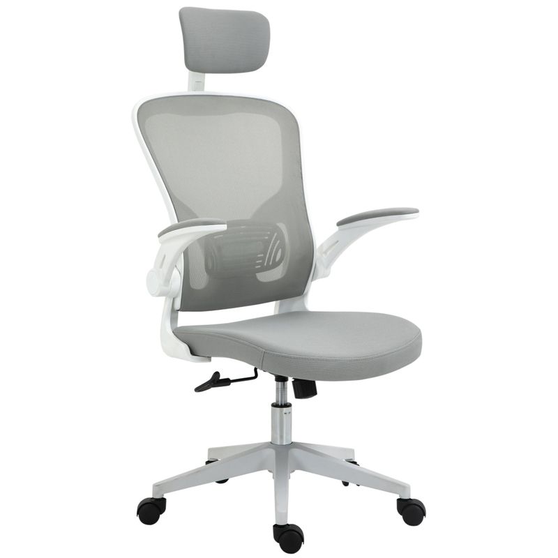 Vinsetto High Back Mesh Chair, Home Office Task Computer Chair with Adjustable Height, Lumbar Back Support, Headrest, and Arms - Grey