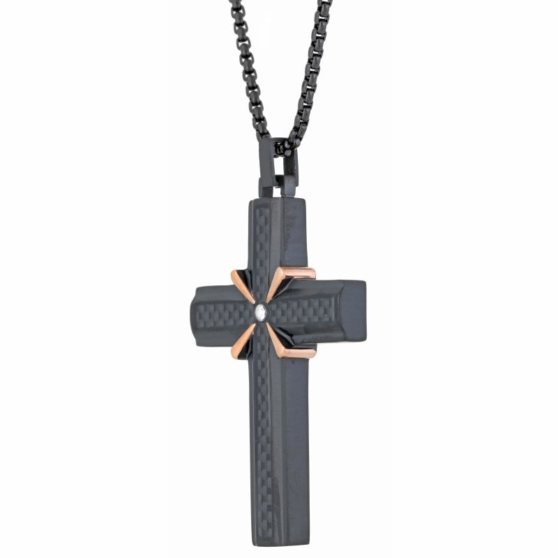 Black and Rose Ion Plated Stainless Steel Carbon Fiber Cross Pendant with Cubic Zirconia Center on 24" Black Round Box Chain