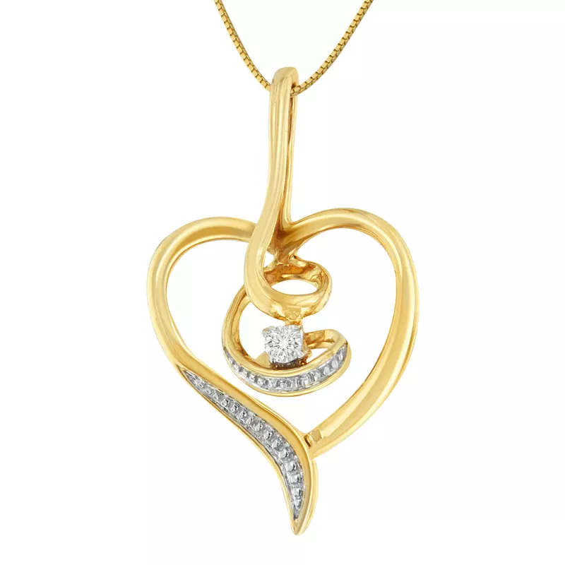 10K Yellow Gold 1/25ct TDW round-cut Diamond Swirl Heart Pendant Necklace (H-I, I2-I3)