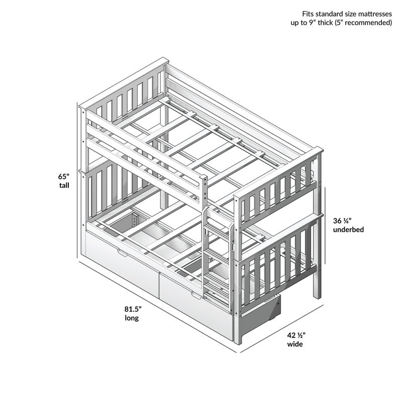 Max & Lily Twin over Twin Bunk Bed with Under Bed Storage Drawers - White