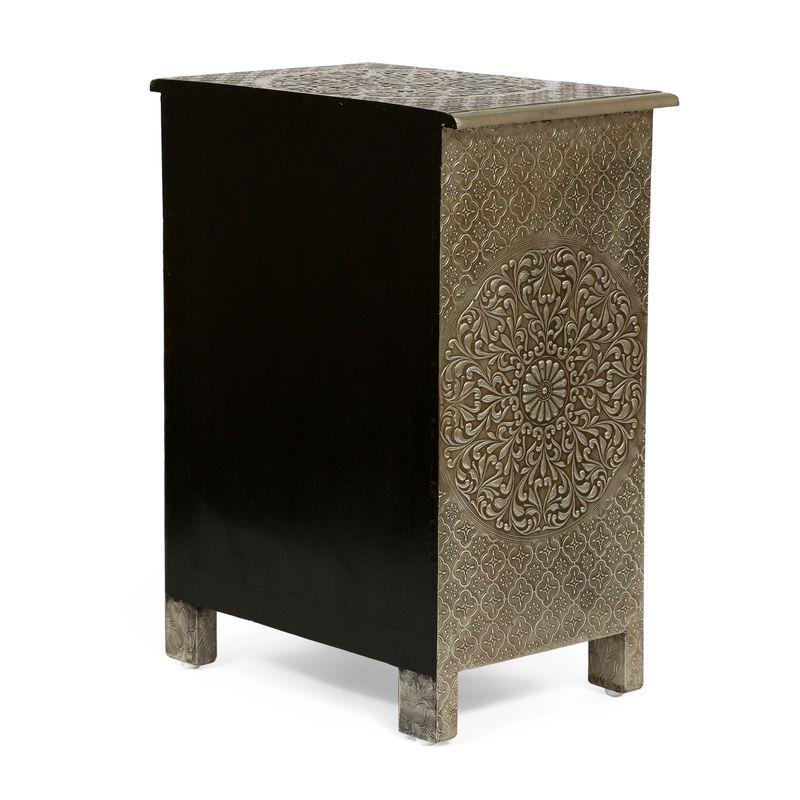 Deschutes Indoor Mango Wood and Iron Embossed Handcrafted 3 Drawer Nightstand by Christopher Knight Home - Silver - 3-drawer