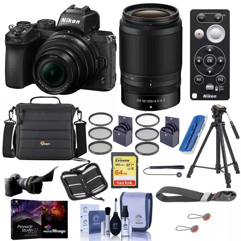 Nikon Z50 DX-Format Mirrorless Camera with Z DX 16-50mm f/3.5-6.3 VR & Z DX 50-250mm f/4.5-6.3 VR Lenses - Bundle With Camera Case, 64GB SDXC Card, Tripod, 62/46mm Filter Kit, Pro software, And More
