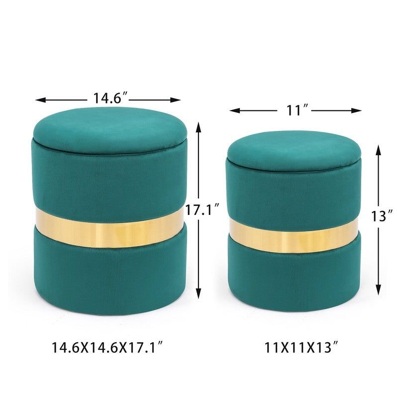 Adeco Set of 2 Velvet Storage Round Ottoman Foot Stool Metal Band - Teal