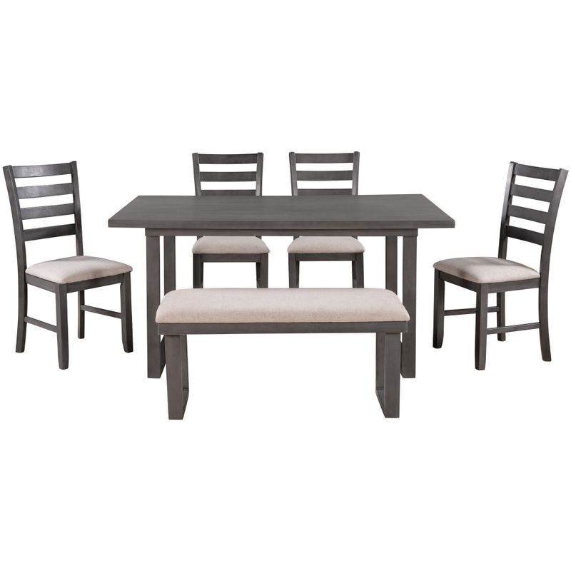 Merax 6-Piece Wood Dining Room Set Rrectangle Table and 4 Chairs with Bench - Grey