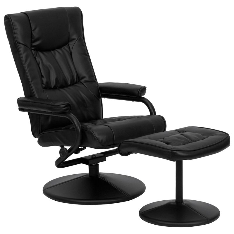 Contemporary Multi-Position Recliner and Ottoman with Wrapped Base - Black Faux Leather