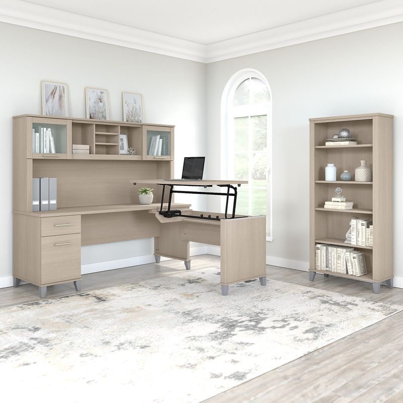 Somerset 72W Sit to Stand L-Desk with Hutch and Bookcase in Ash Gray - Maple Cross