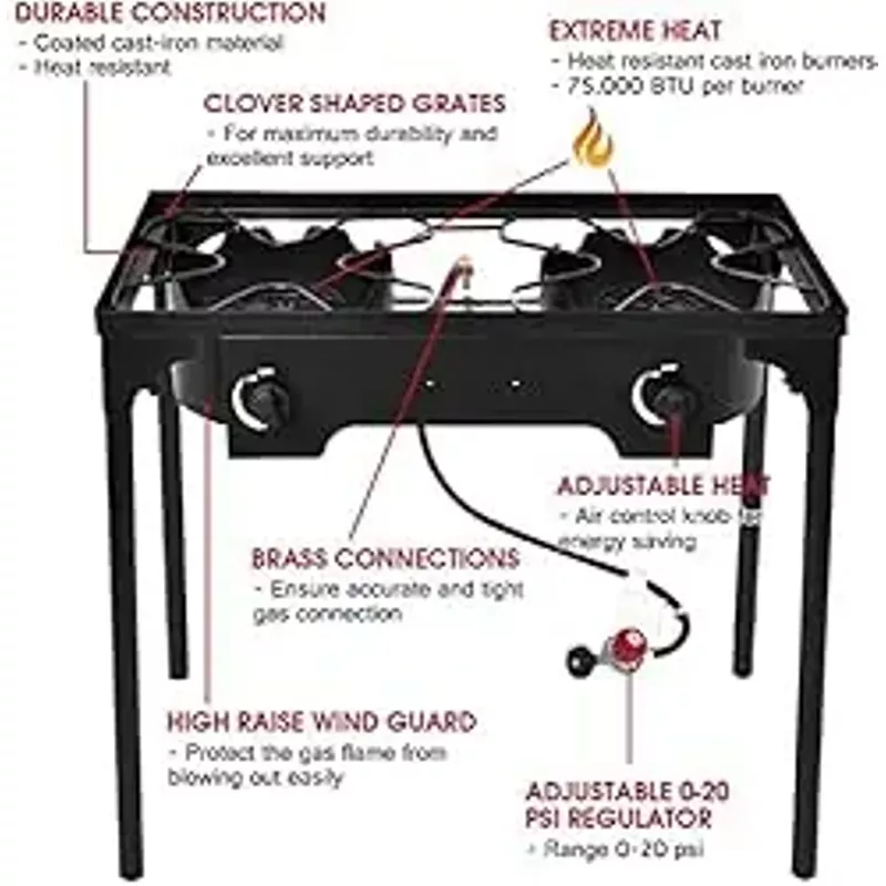 Renatone Outdoor Stove, Two Burner Camp Stove, 150,000BTU Portable Propane Gas Cooker w/Detachable Legs, Ideal for Camping Picnic Home Cooking