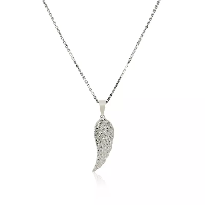 Sterling Silver with Large Textured Angel Wing Pendant (18 Inch)