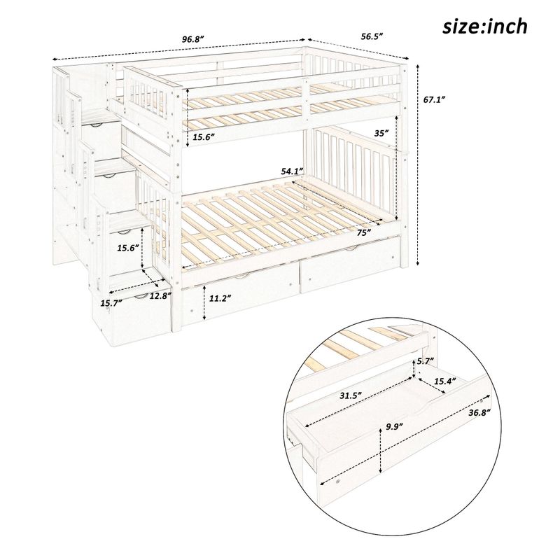 Full Over Full Bunk Bed with Shelves and 6 Storage Drawers - Grey