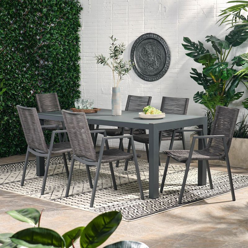 Lazuli Outdoor Modern 6 Seater Aluminum Dining Set with Tempered Glass Table Top by Christopher Knight Home - Gray + Silver + Taupe