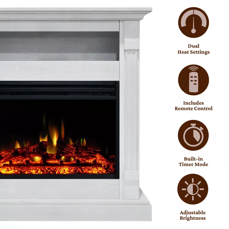 Sienna 34-In. Electric Fireplace Heater with White Mantel, Enhanced Log Display, Multi-Color Flames, and Remote Control