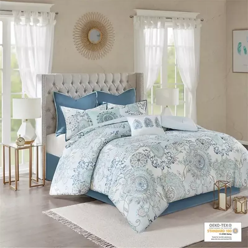 Blue Isla 8 Piece Cotton Floral Printed Reversible Comforter Set Cal King