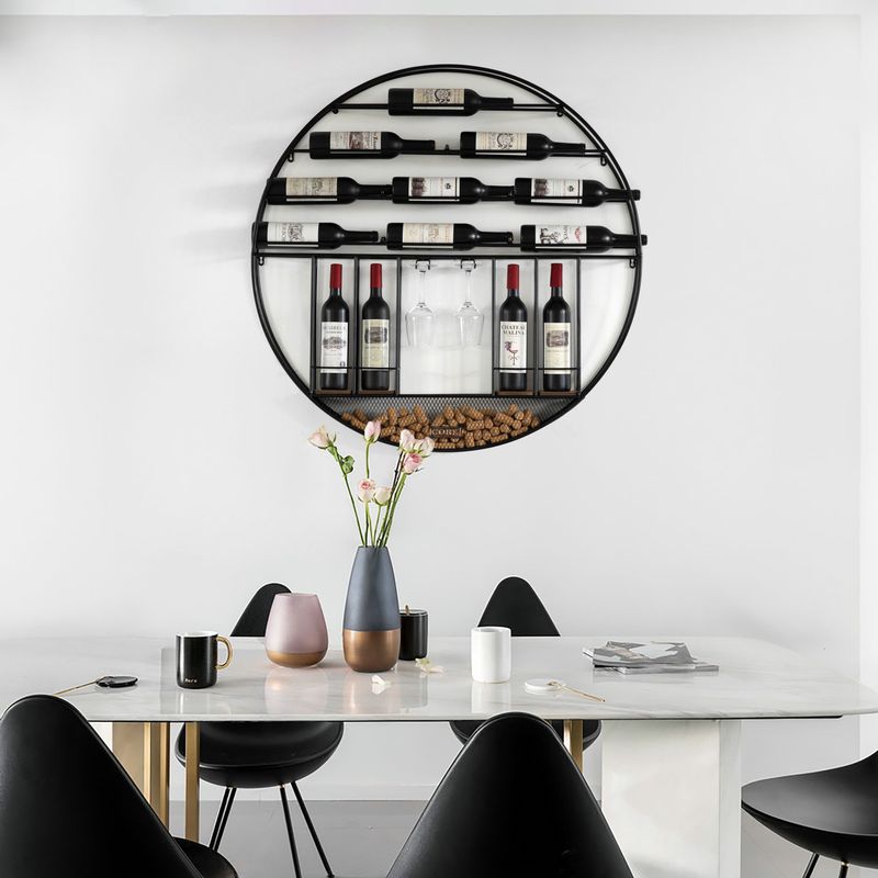 Vintage Decorative Modern Black Metal Round Wall Mounted Wine Display Rack with Cork and Glass Holder - Unassembled