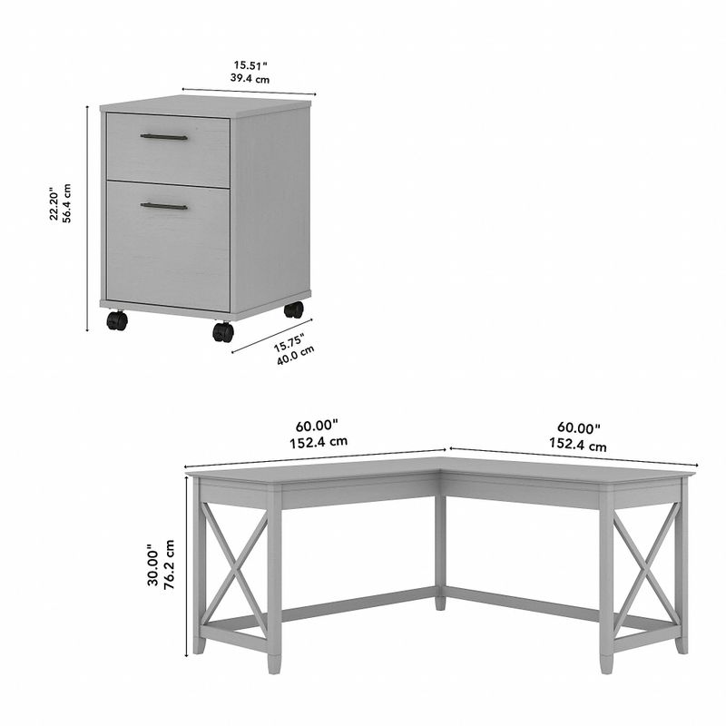 Key West 60W L Shaped Desk with Mobile File Cabinet by Bush Furniture - Shiplap Gray/Pure White