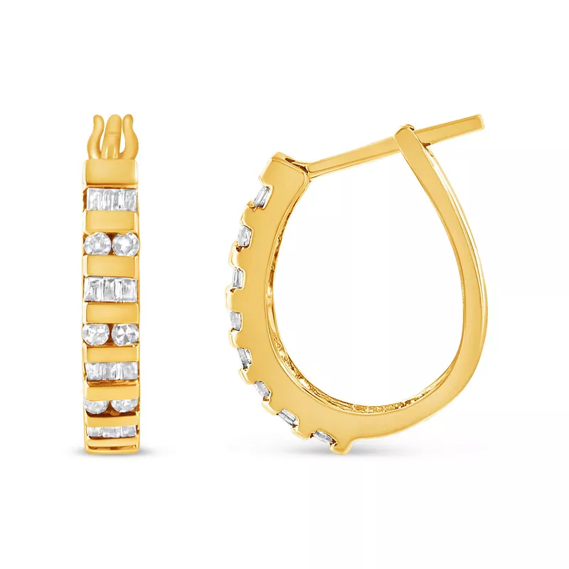 10K Yellow Gold 1/2 Cttw Round and Baguette-Cut Diamond Hoop Earrings (I-J Color, I2-I3 Clarity)