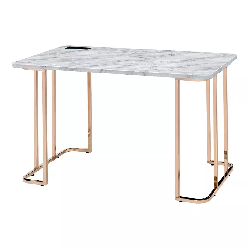 Contemporary Metal Writing Desk with USB in Gold/White