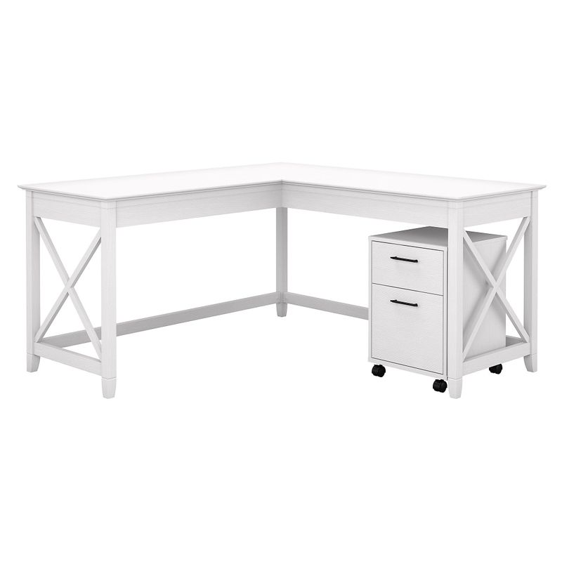 Key West 60W L Shaped Desk with Mobile File Cabinet by Bush Furniture - Shiplap Gray/Pure White