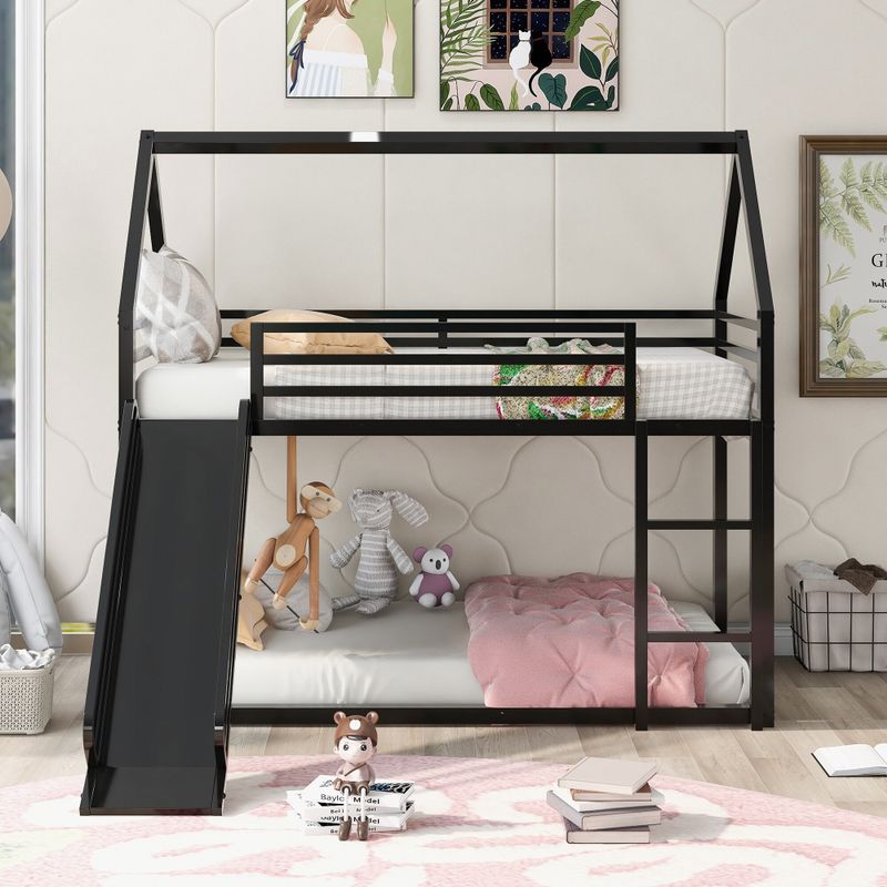 Nestfair Twin over Twin House Bunk Bed with Ladder and Slide - White