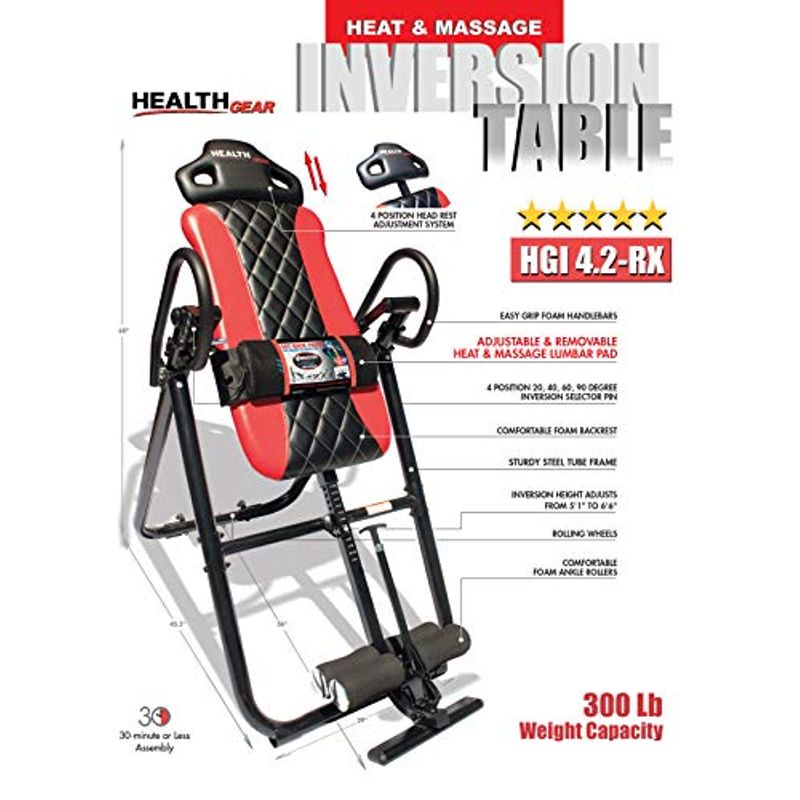 Health Gear HGI 4.2 "Patent Pending Diamond Edition Heat & Vibration Massage Inversion Table, Red - Heavy Duty up to 300 lbs.