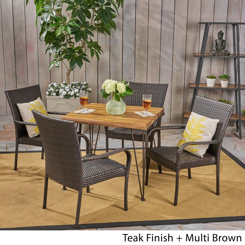 Walker Outdoor Industrial Wood and Wicker 5 Piece Square Dining Set by Christopher Knight Home - teak + multi brown + rustic metal