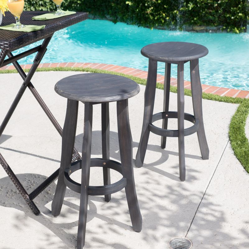 Pike Outdoor Acacia Wood Barstool (Set of 2) by Christopher Knight Home - Dark Grey