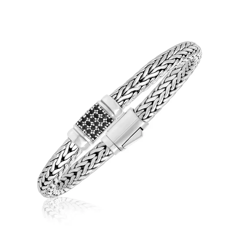 Sterling Silver Weave Style Bracelet with Black Sapphire Accents (7.5 Inch)