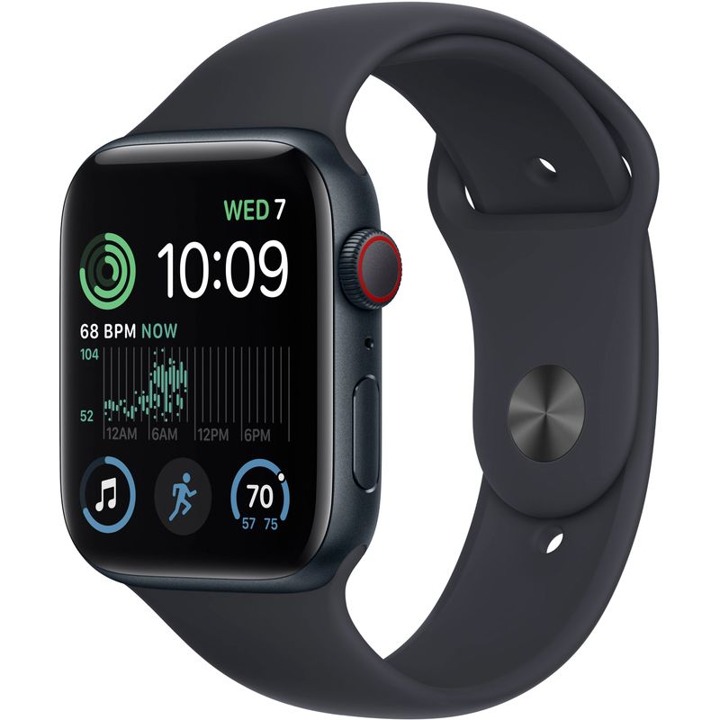 Front Zoom. Apple Watch SE 2nd Generation (GPS + Cellular) 44mm Aluminum Case with Midnight Sport Band - M/L - Midnight