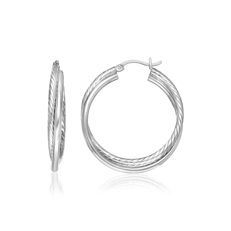 Sterling Silver Ridged Hoop Earrings with Textured Design