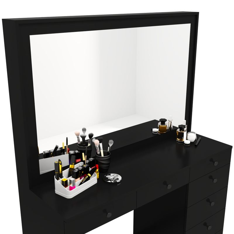 Boahaus Joan Modern Vanity Table, Black, Wide Mirror, 07 Drawers - Black-Crystal Knobs