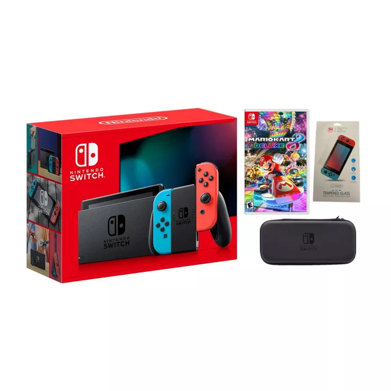 Nintendo Switch Neon + Mario Kart 8 Deluxe Bundle with Accessories