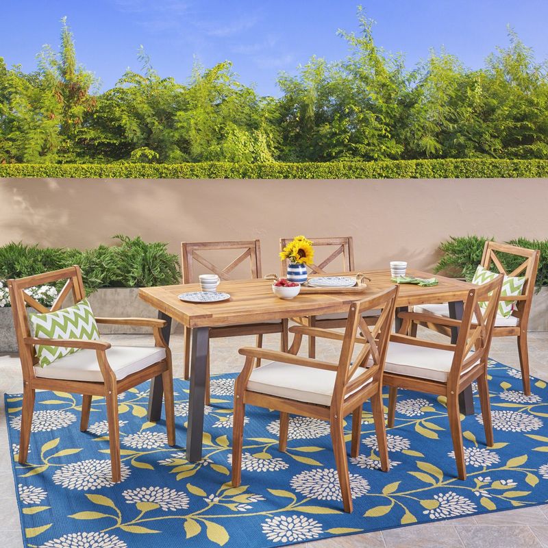 Juniper Outdoor 7 Piece Acacia Wood Dining Set by Christopher Knight Home - Water Resistant/Cushion Included - grey +dark grey+ rustic...