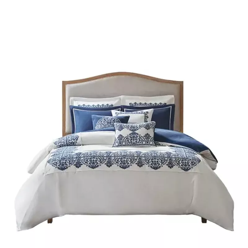 Off White/Blue Indigo Sky Faux Linen Oversized Comforter 8 Piece Set Queen