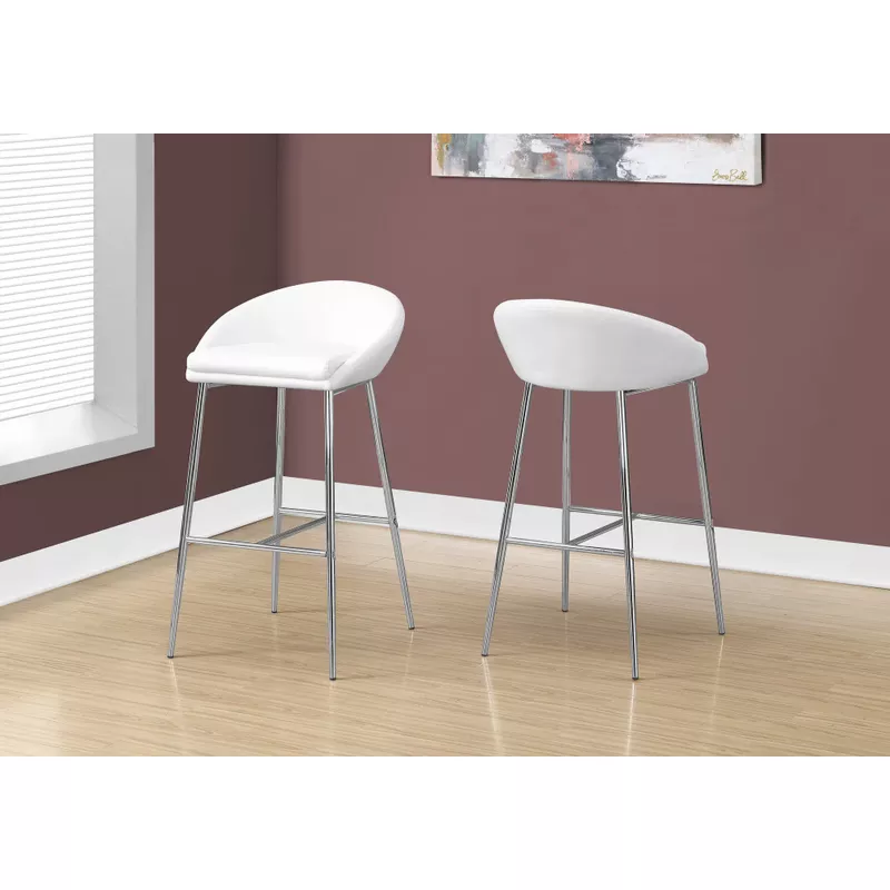 Bar Stool/ Set Of 2/ Bar Height/ Metal/ Pu Leather Look/ White/ Chrome/ Contemporary/ Modern